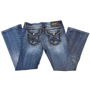 Miss Me Light Wash Low Mid Rise Boot Cut Distressed Embroidered Jeans Size 32